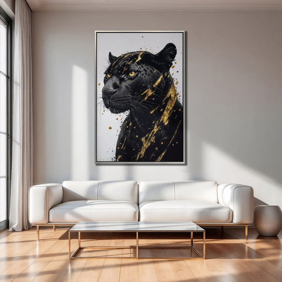 Framed Wall Art: Black panther portrait with gold accents. Modern art in black and gold. Perfect for living room decor.