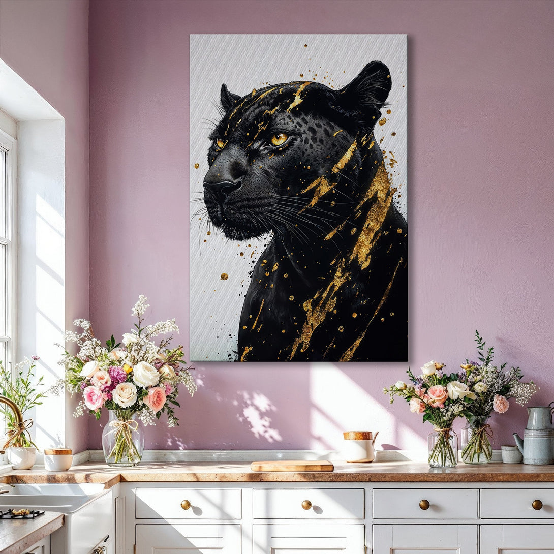 Framed Wall Art: Black panther portrait with gold accents. Modern, stylish canvas print in a black, gold, and neutral color palette. Elevate your home decor!