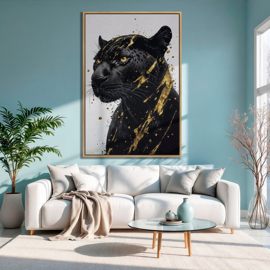 Framed Wall Art: Black panther with gold accents. Modern art print in a living room with a teal and neutral color palette. Enhance your space!