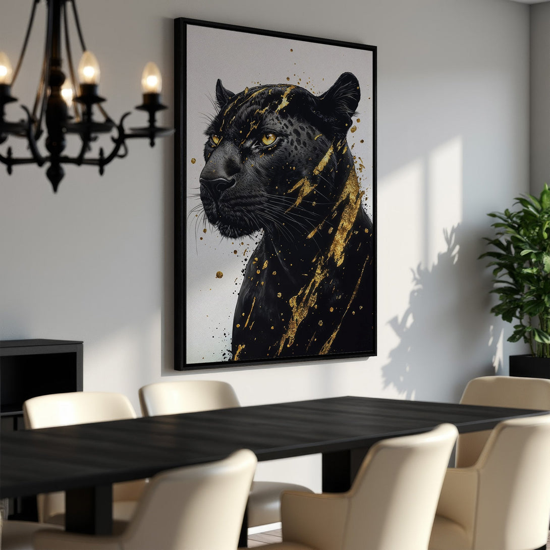 Framed Wall Art featuring a black panther with gold accents. Modern, stylish canvas print with a black, gold, and neutral color palette. Perfect for home decor.