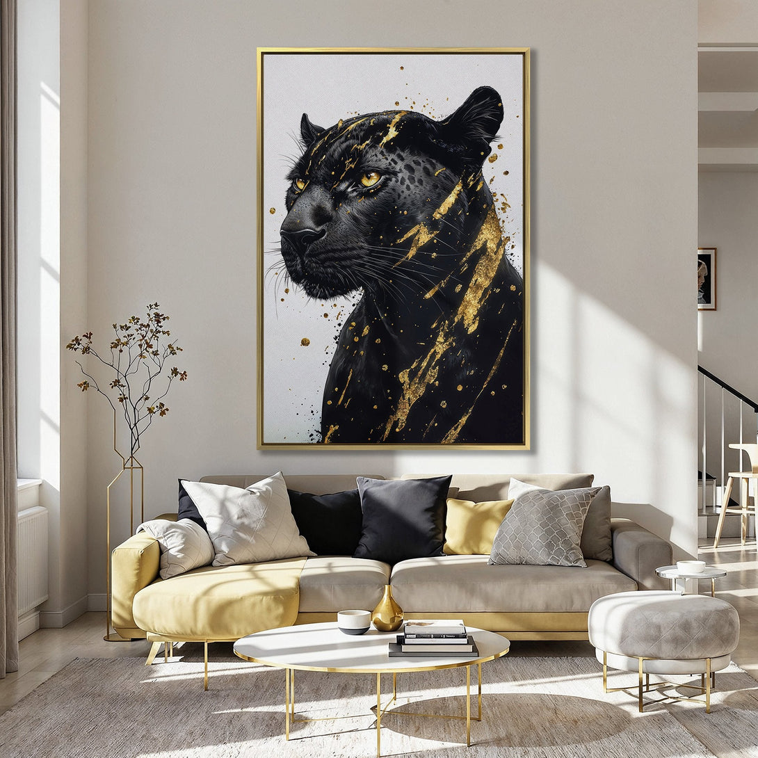 Canvas Print of a black panther with gold accents. Modern art in a kitchen, featuring a black, gold, and white color palette.