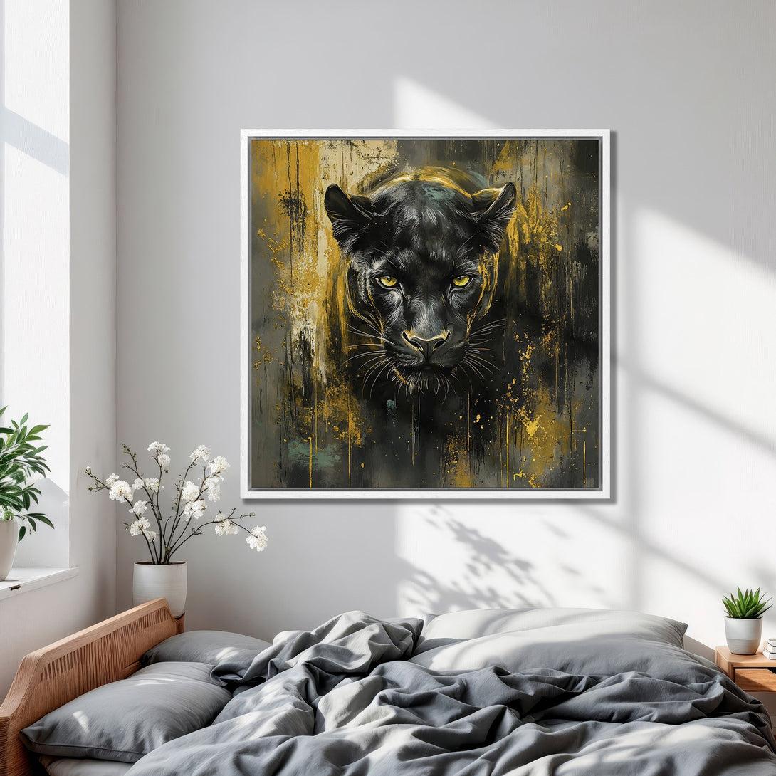 Framed Wall Art featuring a striking black panther portrait with gold accents. Modern abstract style with a dramatic black, gold, and gray color palette. Perfect for bedroom decor.