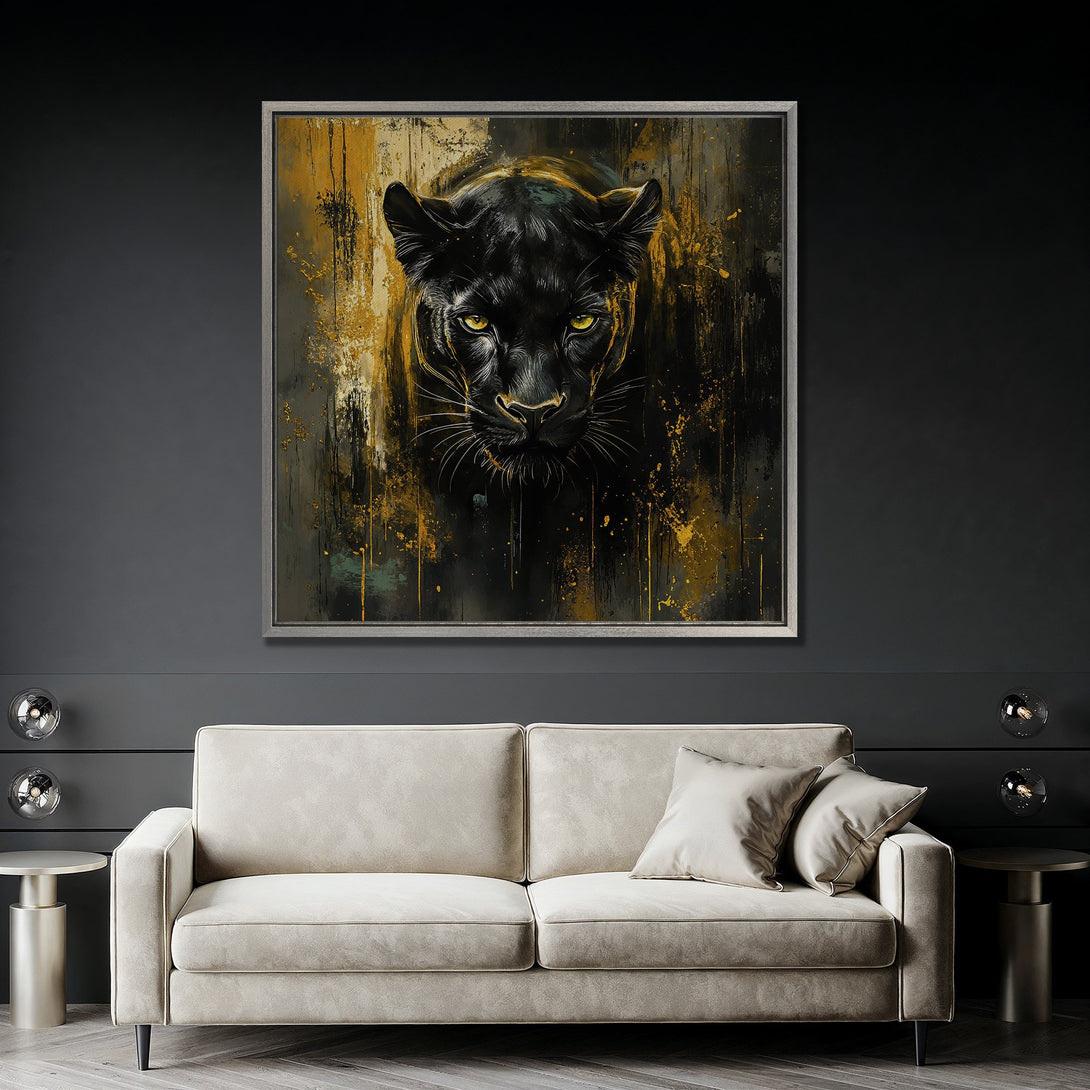 Framed Wall Art: Abstract black panther portrait with gold accents. Modern canvas print in a dark, moody interior. Perfect for living room decor.