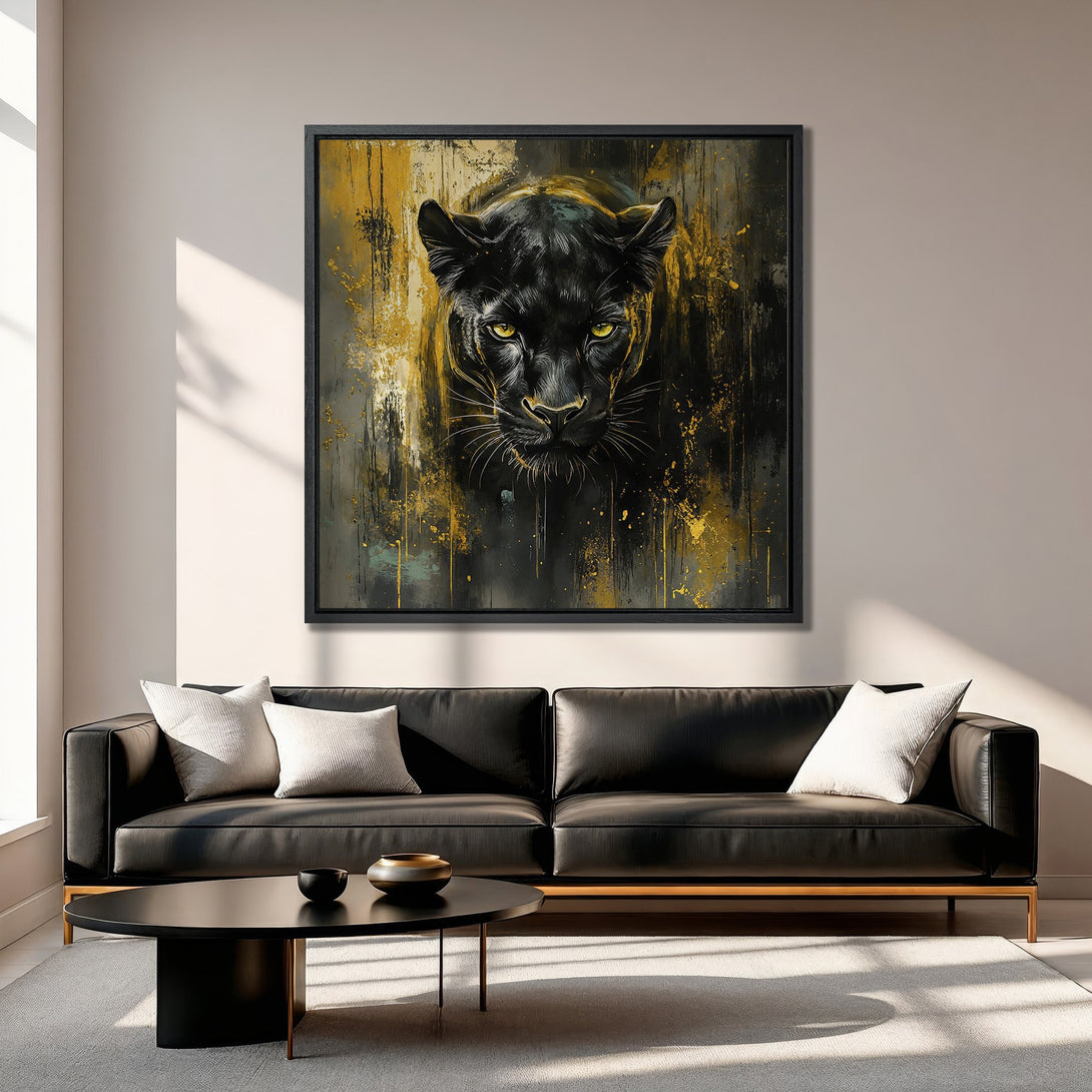 Framed Wall Art: Majestic black panther portrait in gold and black abstract style. Stunning canvas print for modern home decor.