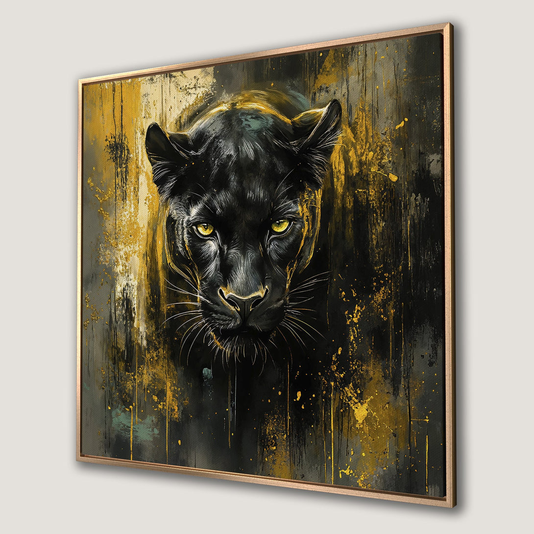 Framed Wall Art: Majestic black panther portrait with gold accents. Modern, abstract style in a black, gold, and grey color palette. Elevate your space!