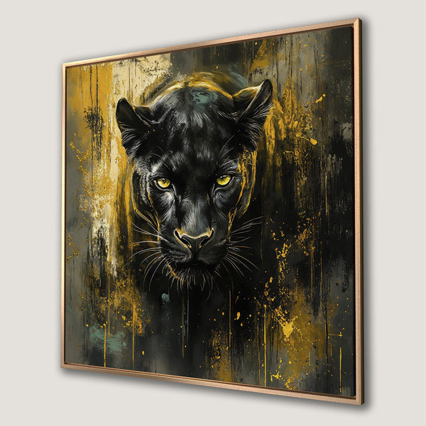 Framed Wall Art: Majestic black panther portrait with gold accents. Modern, abstract style in a black, gold, and grey color palette. Elevate your space!