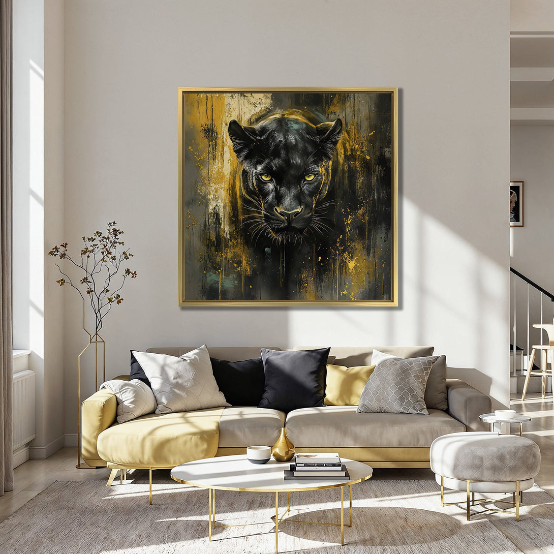Canvas Print featuring a black panther in an abstract style with gold accents. Stunning wall art for your home! Rich color palette.