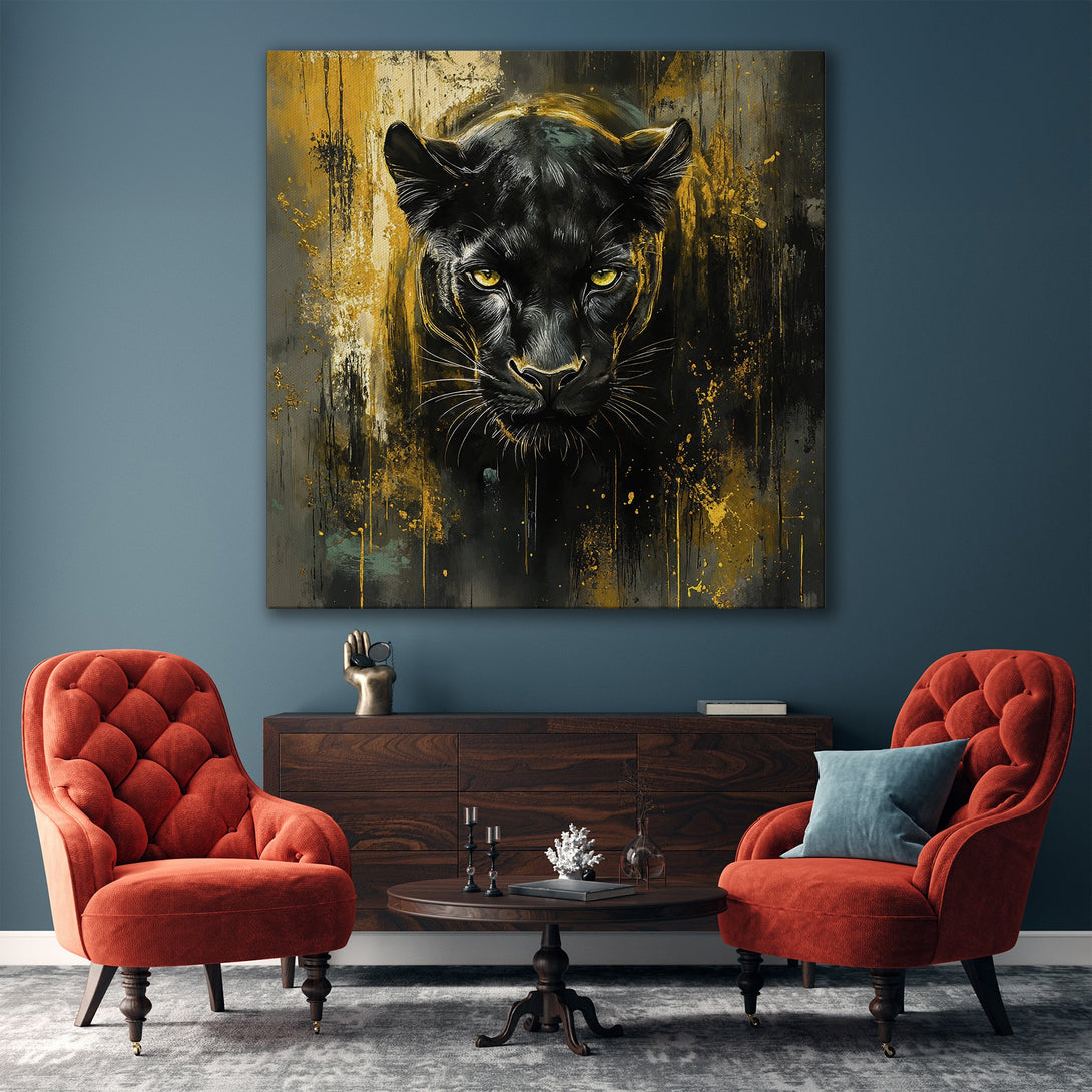 Framed Wall Art featuring a striking black panther. Abstract style with a dramatic black, gold, and gray color palette. Perfect for modern home decor.