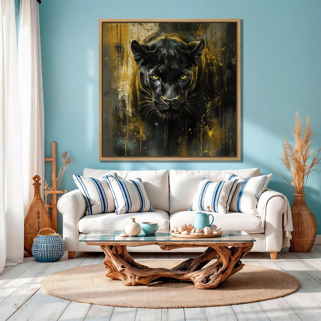 Framed Wall Art: Black panther portrait with gold accents. Modern abstract style, striking black, gold, and teal color palette. Perfect for home decor.