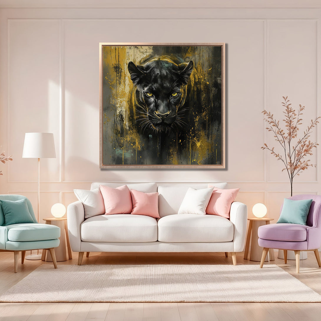 Framed Wall Art featuring a majestic black panther. Modern abstract style with gold and black accents. Perfect for adding a touch of elegance to any room.