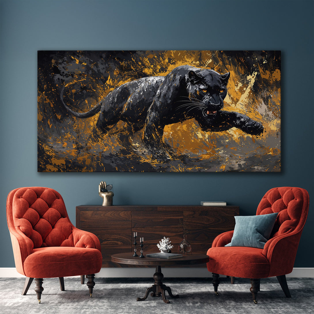 Framed Wall Art featuring a black panther in an abstract style, with a gold, black, and grey color palette, shown in a modern interior.