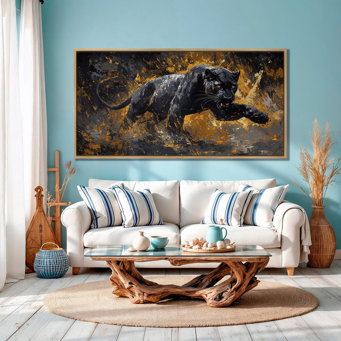 Framed Wall Art: Powerful black panther canvas print in a modern, abstract style with a gold and grey color palette. Perfect for living room decor.
