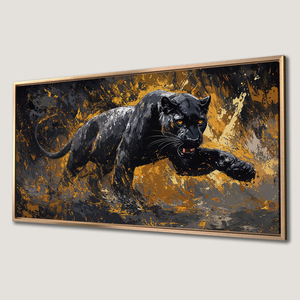 Framed Wall Art: Fierce black panther canvas print in abstract style, featuring a dramatic black, gold, and gray color palette. Elevate your decor!