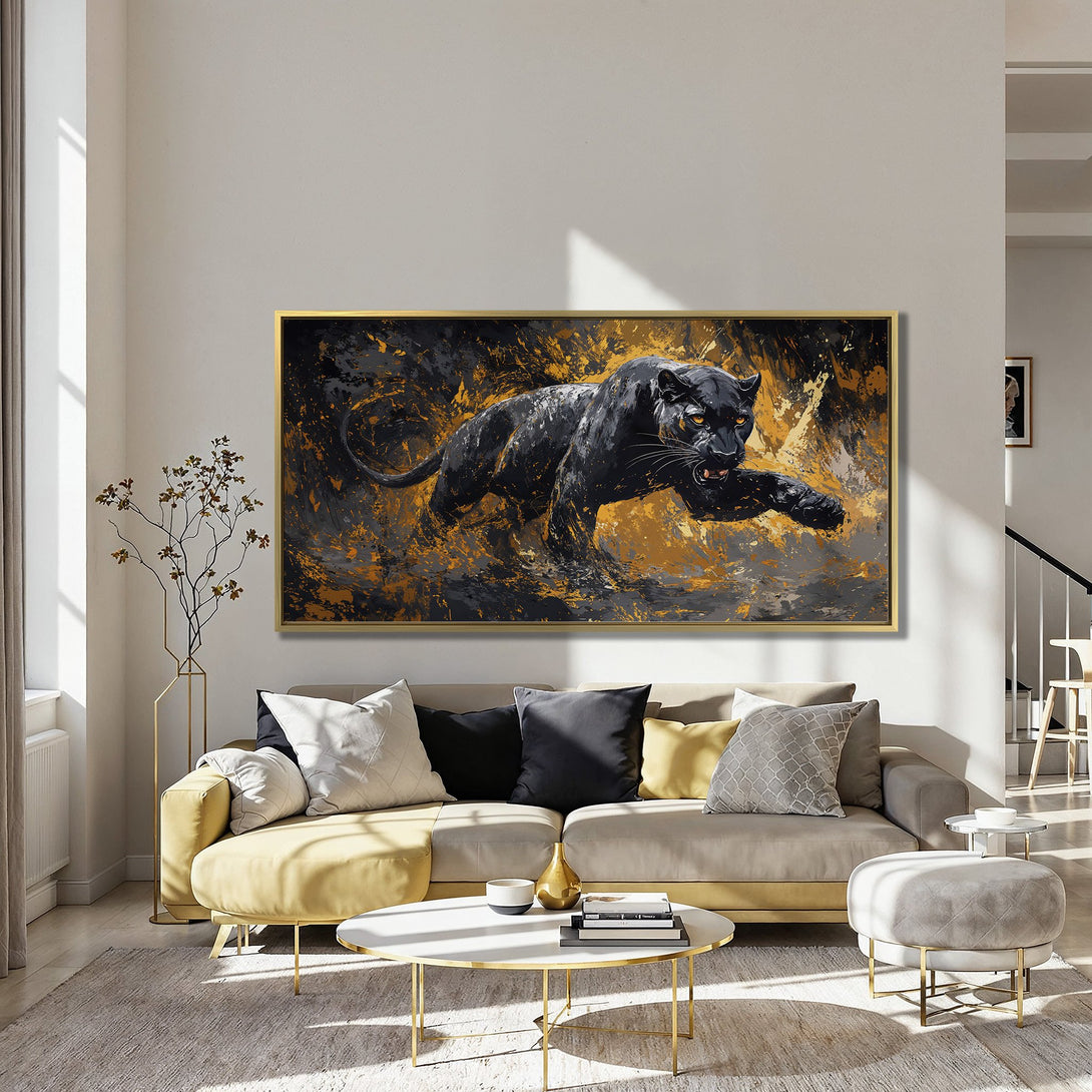 Canvas Print of a black panther in an abstract style, featuring a gold, black, and gray color palette. Perfect for modern home decor.