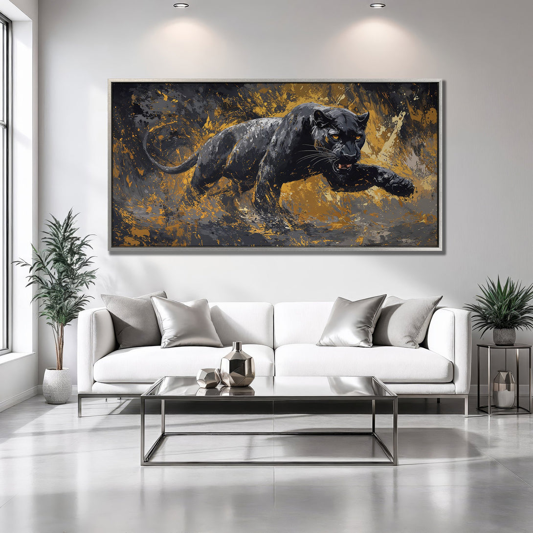 Framed Wall Art: Black panther canvas print with gold & gray abstract background. Modern art for living room decor.