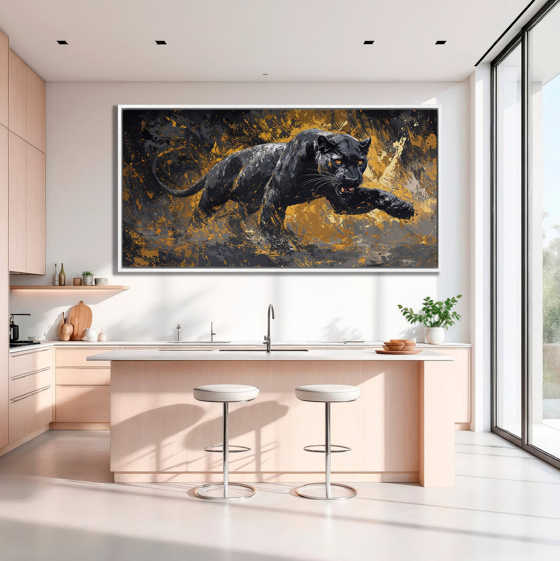 Framed Wall Art: Abstract black panther canvas print with gold and gray accents, perfect for modern kitchen decor.