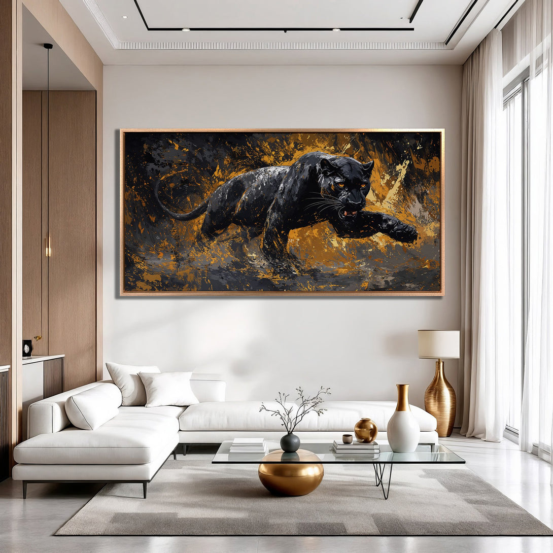 Framed Wall Art: Abstract black panther canvas print in a modern living room. Features a bold black, gold, and gray color palette. Elevate your space!