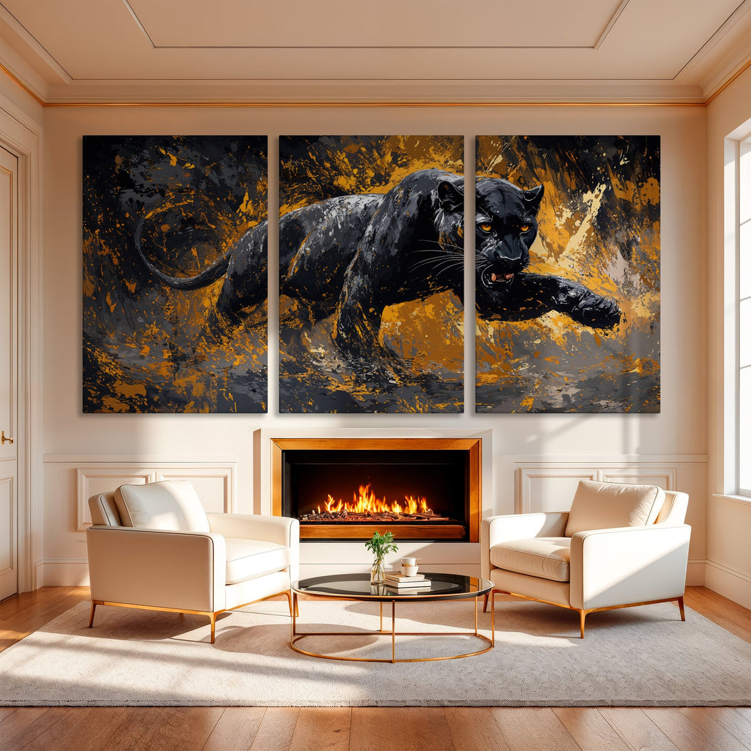 Canvas Print of a black panther in abstract style, featuring a dramatic black, gold, and gray color palette. Perfect for modern home decor!