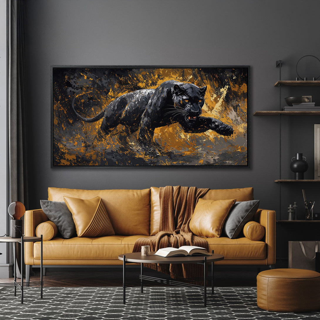 Framed Wall Art: Dynamic black panther painting in a modern style with gold and gray accents. Adds a bold statement to any interior. Shop now!