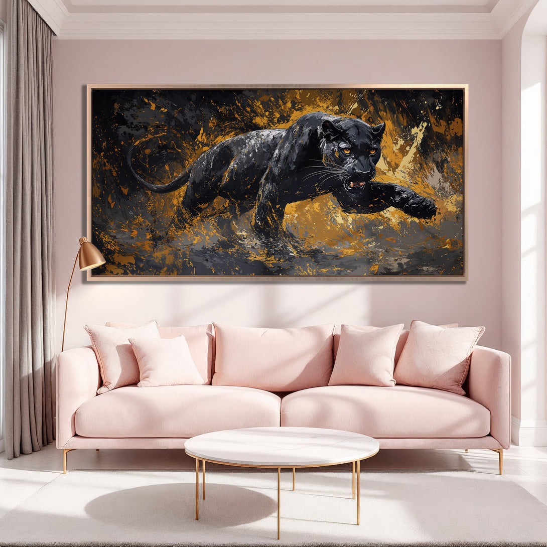 Framed Wall Art: Abstract black panther painting with gold accents. Modern art canvas print in a living room with a pink and gold color palette.