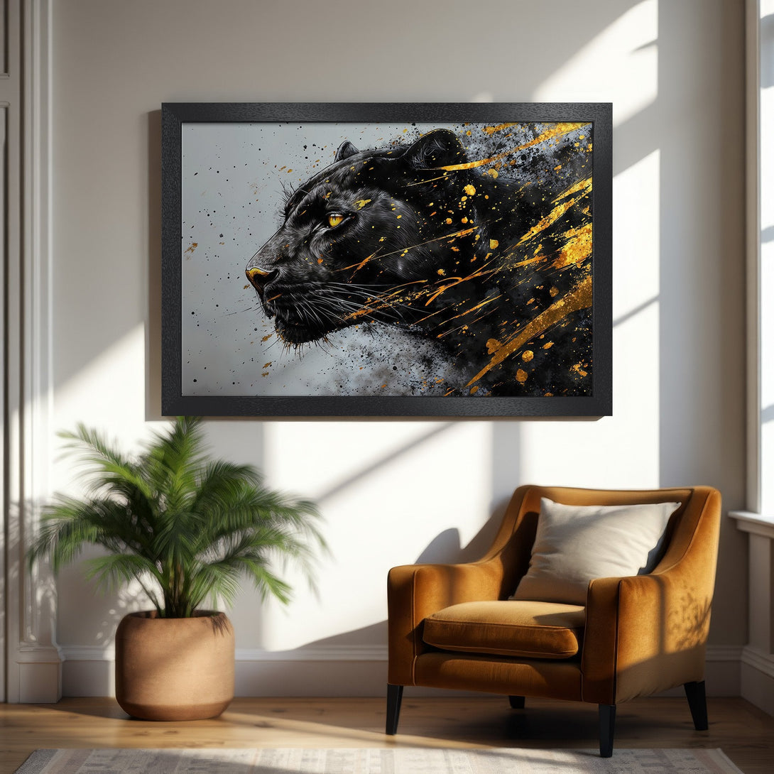 Framed Poster: Black panther art print in modern style with gold accents. Perfect wall decor for a bold statement.