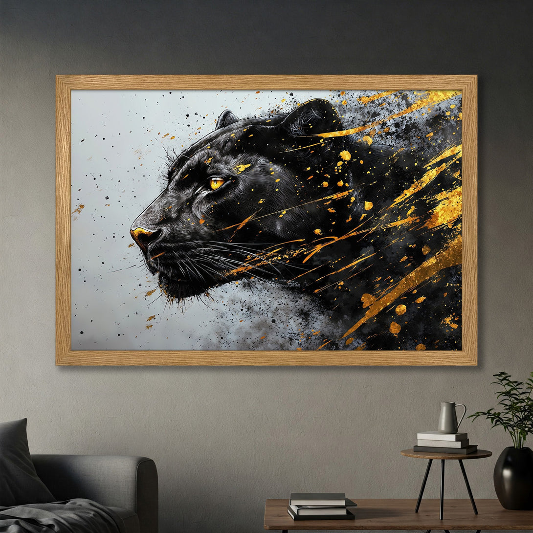 Framed Poster featuring a black panther, artistic style with gold accents on a gray background. Add a touch of wild to your decor!