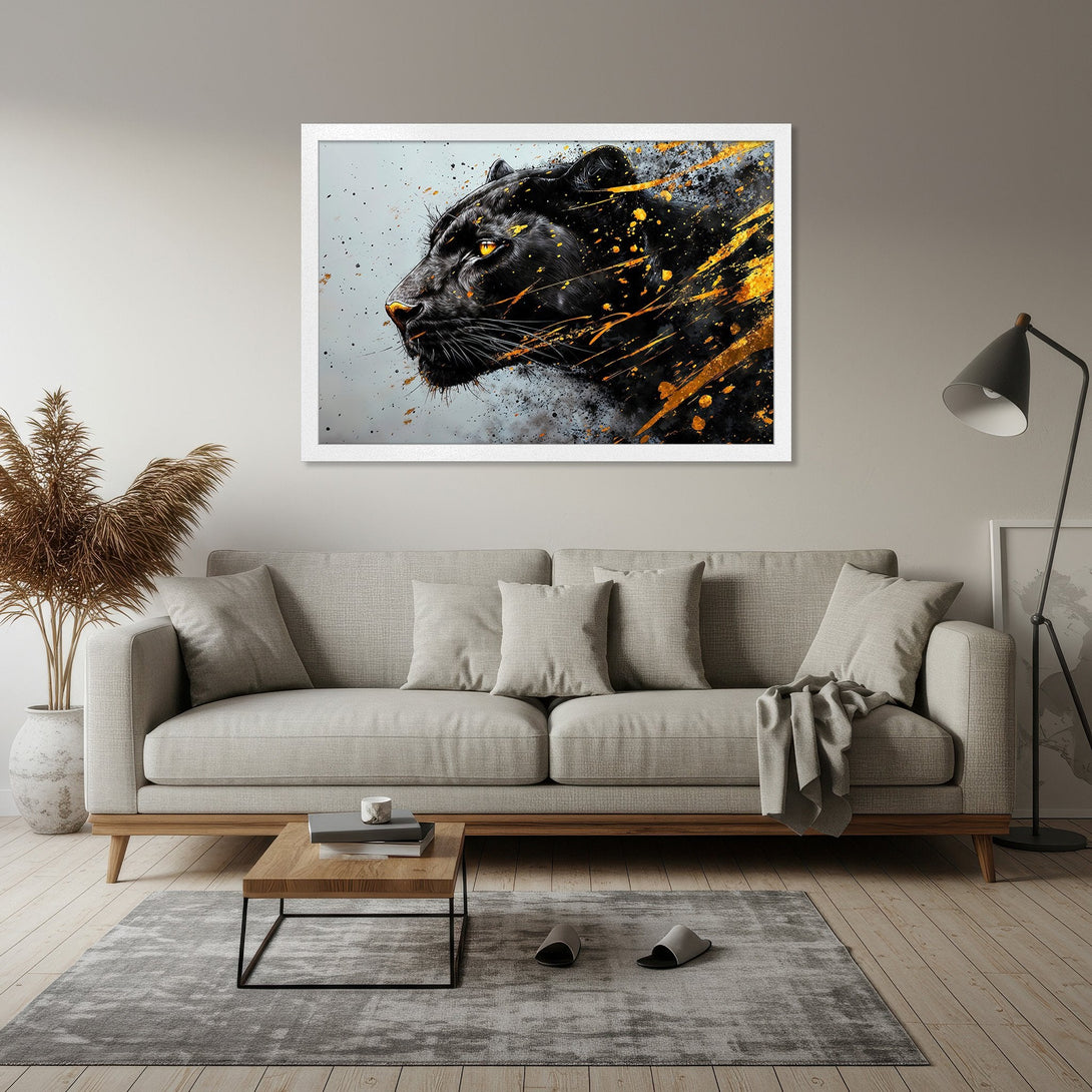 Framed Poster featuring a black panther with gold accents, modern art style, neutral color palette. Perfect wall decor!