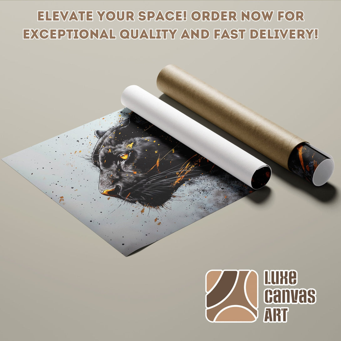 Black Panther Poster Roll, modern art style with black, gold, and gray color palette. Order now!