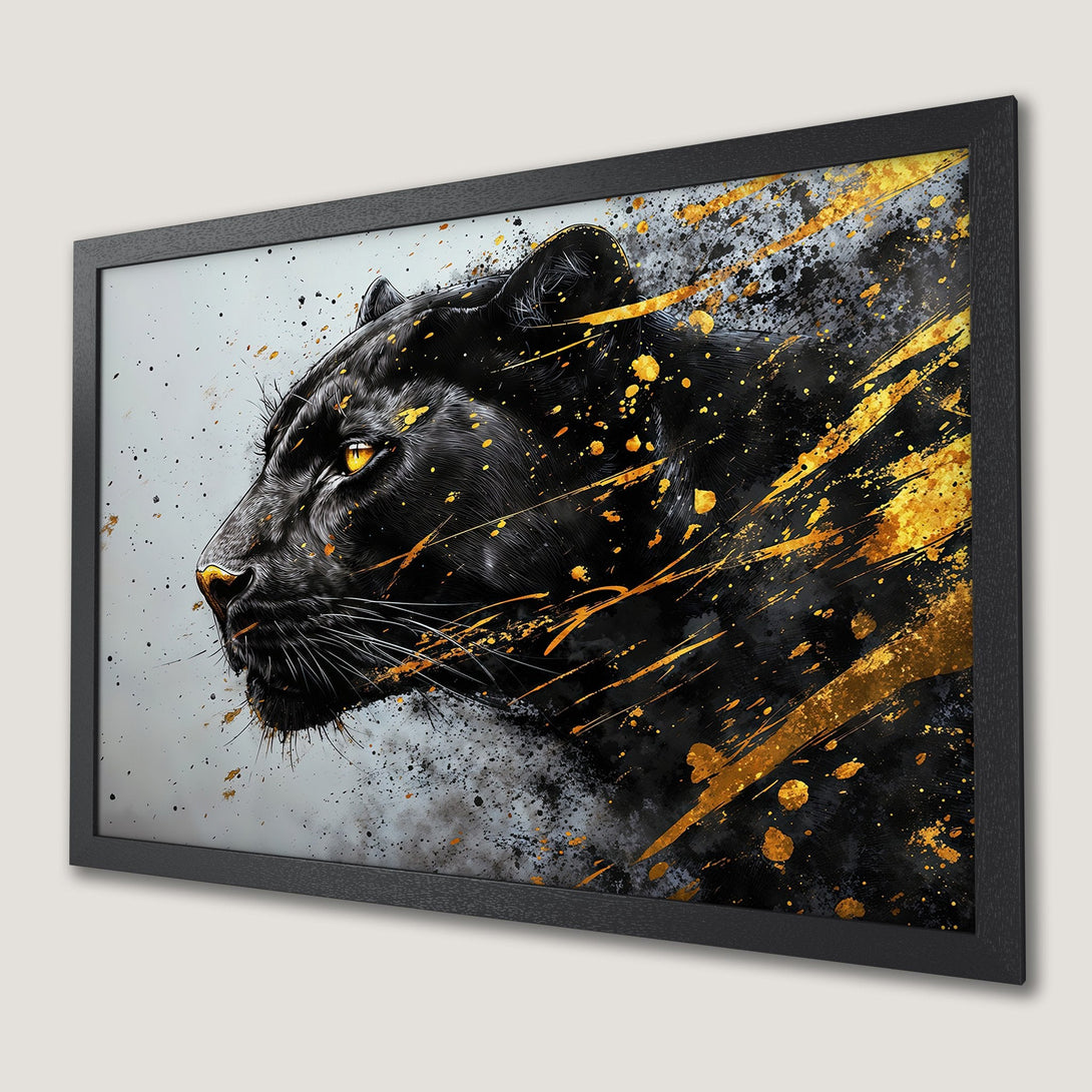 Framed Poster: Black panther art with gold accents. Modern style, striking black, gold & grey color palette. Perfect wall decor.