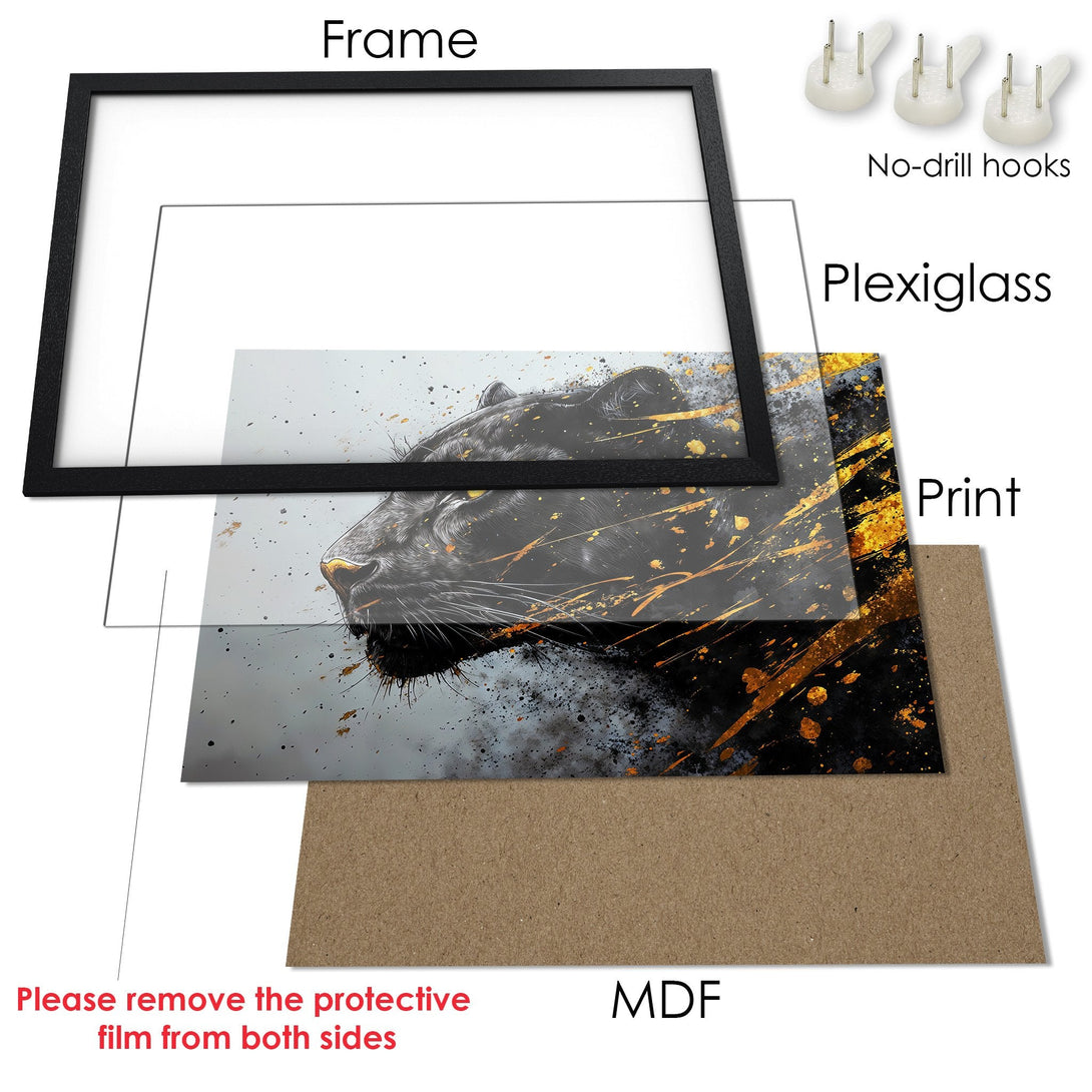 Framed Poster featuring a majestic black panther with gold accents. Modern art style, striking black, gold, and gray color palette. Elevate your space!