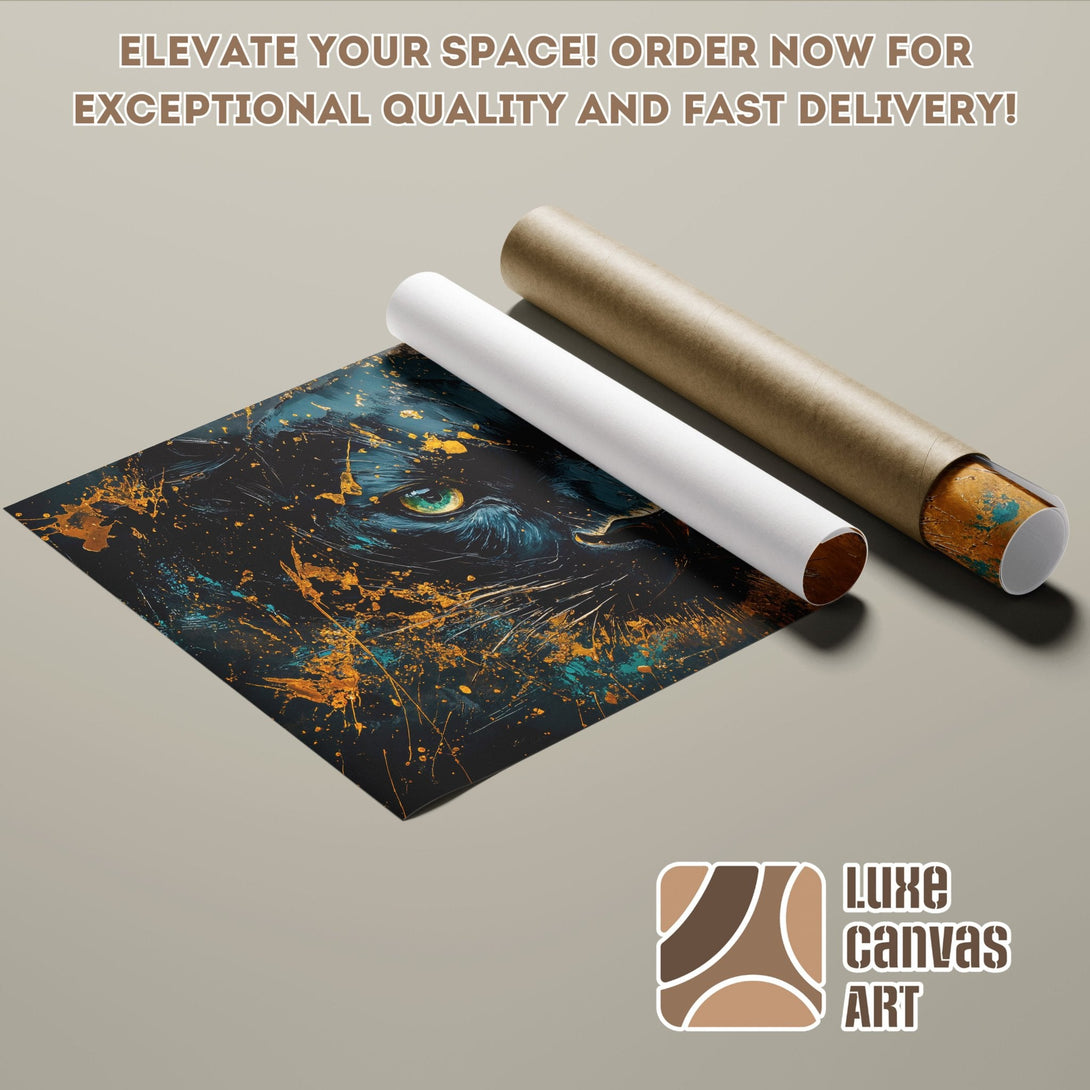 Poster Roll featuring a panther eye in abstract style with black, teal, and gold color palette. Order now!