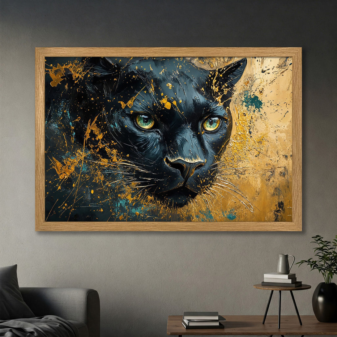 Framed Poster of a black panther with an abstract, gold and teal color palette. Modern art print for home decor.
