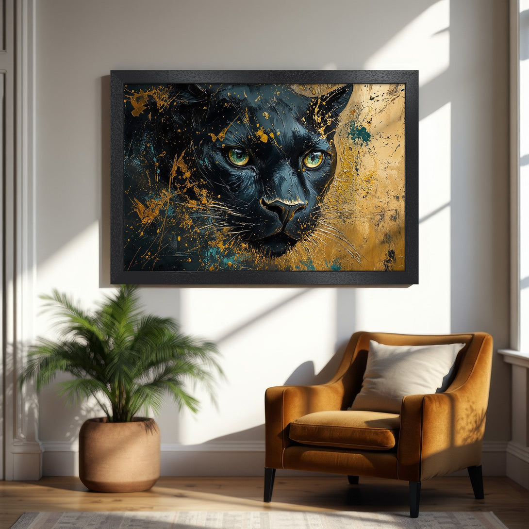 Framed Poster featuring a black panther in an abstract style with gold and teal accents. Perfect wall art for your home!