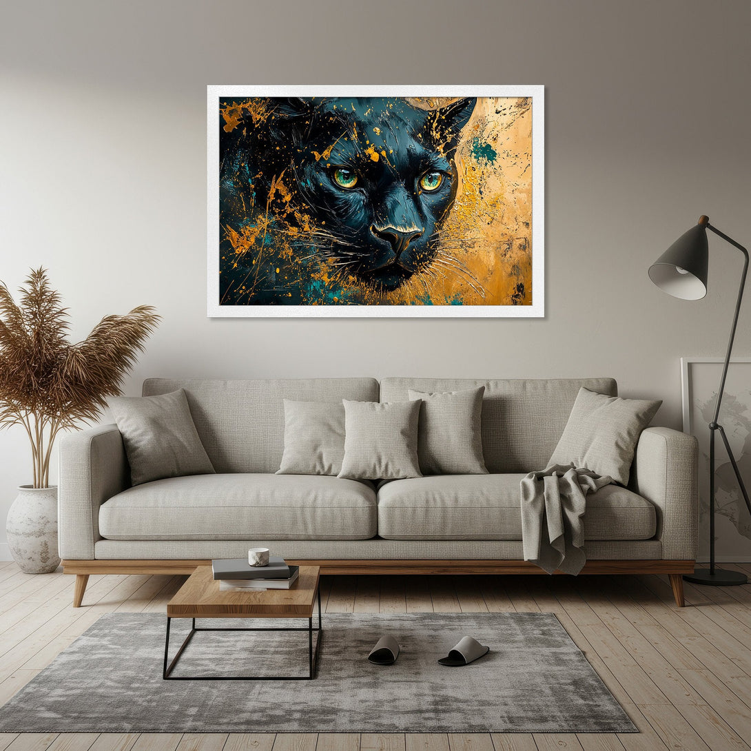 Framed Poster featuring a black panther with an abstract style and gold/teal color palette. Add a touch of wild elegance to your space!