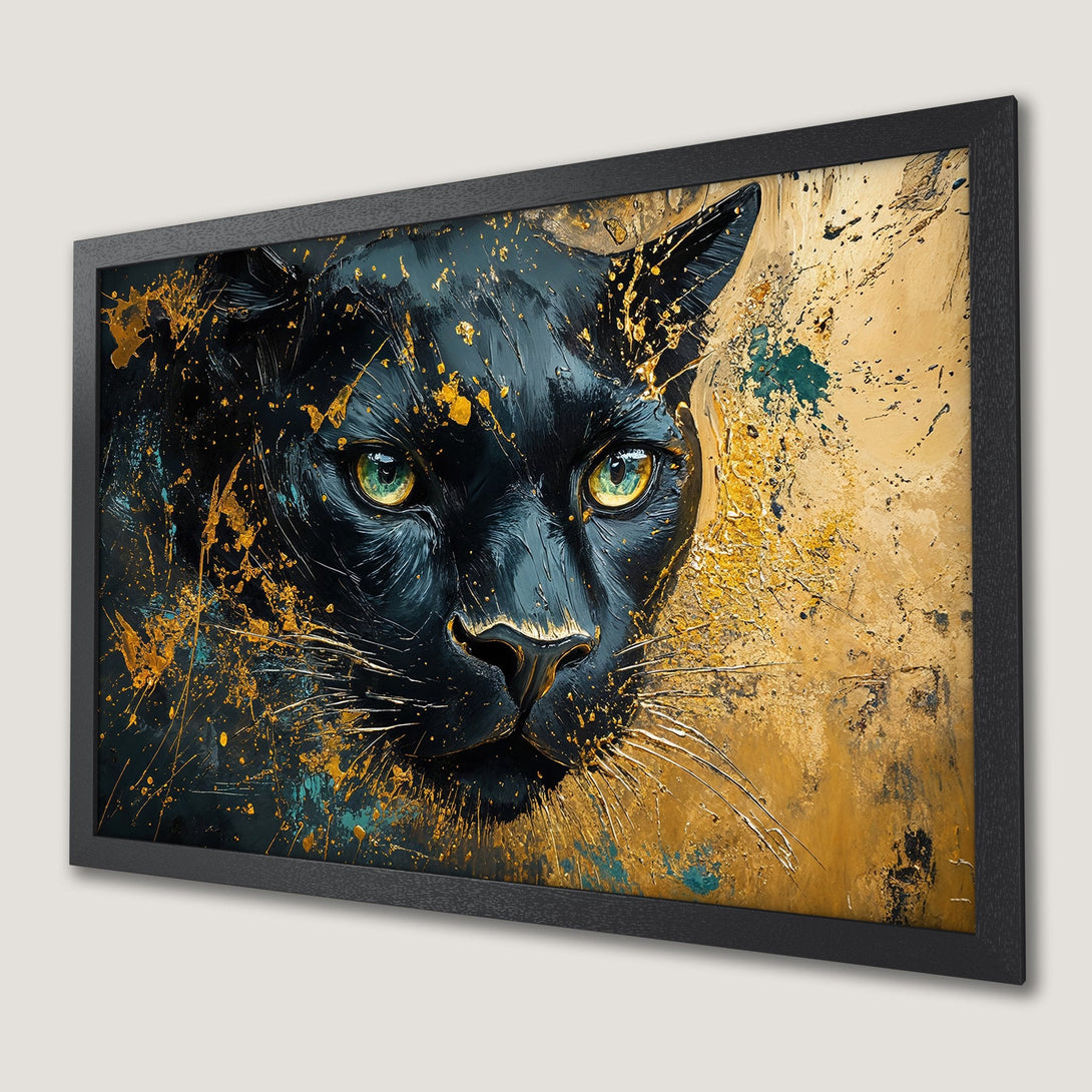 Framed Poster featuring a black panther in an abstract style with gold, teal, and black color palette. Add a touch of wild elegance to your home!