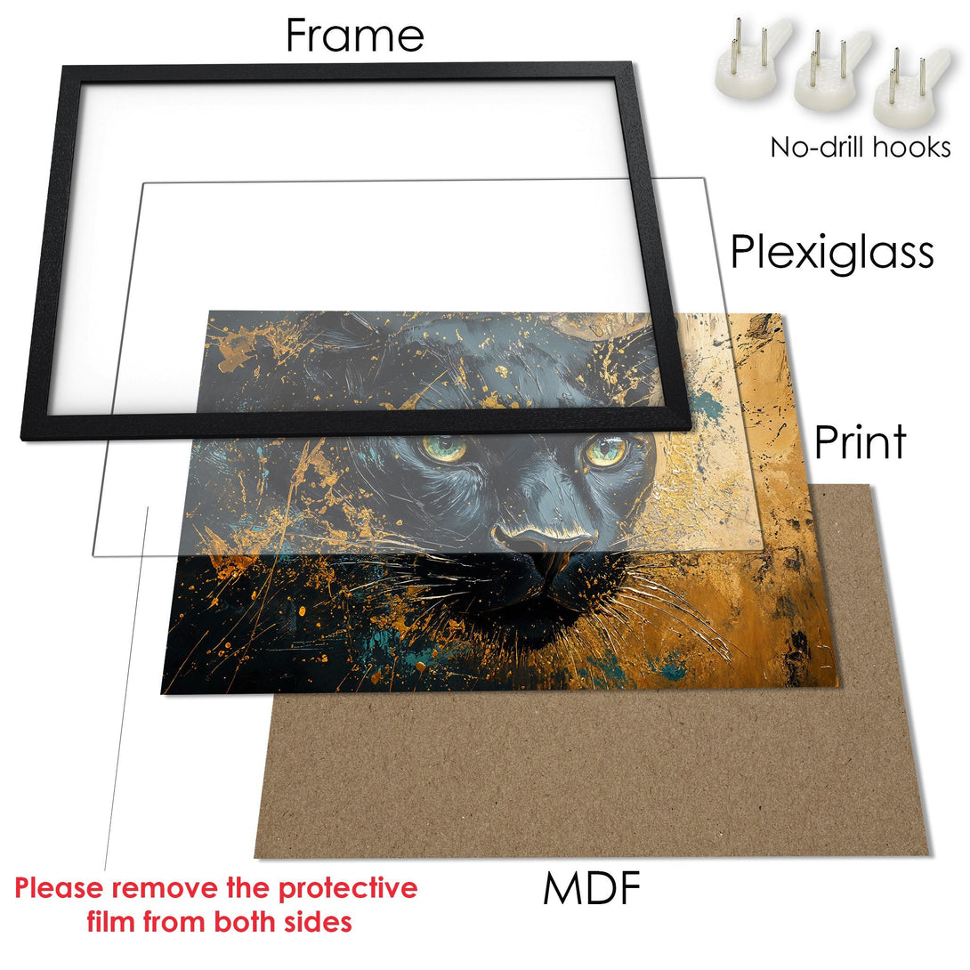 Framed Poster featuring a black panther art print. Modern abstract style with gold, teal, and black color palette. Ready to hang!