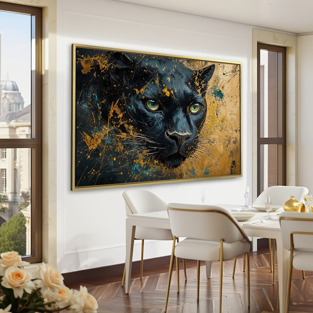 Canvas Print: Abstract black panther art with gold accents. Modern wall decor in a luxurious green interior. Elevate your space with this stunning piece.