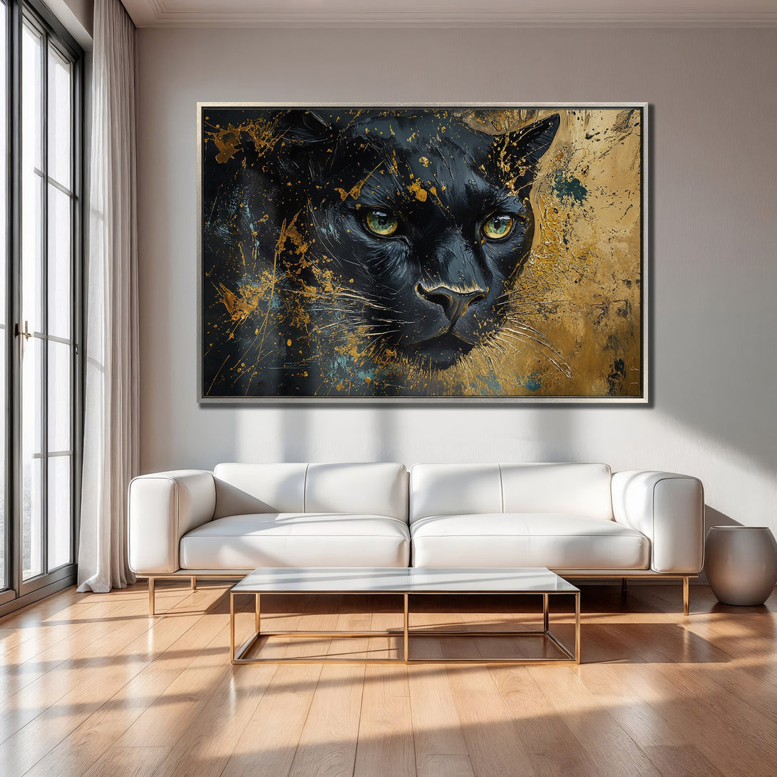 Framed Wall Art: Abstract black panther painting with gold accents. Modern art canvas print in a luxurious interior with a gold and black color palette.