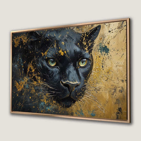 Framed Wall Art: Majestic black panther portrait with gold accents. Modern abstract art in a luxurious black, gold, and green color palette. Elevate your decor!