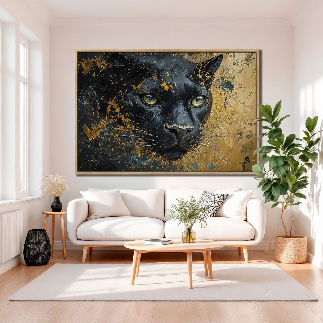 Framed Wall Art: Majestic black panther portrait in gold and black abstract style. Stunning canvas print for modern home decor.