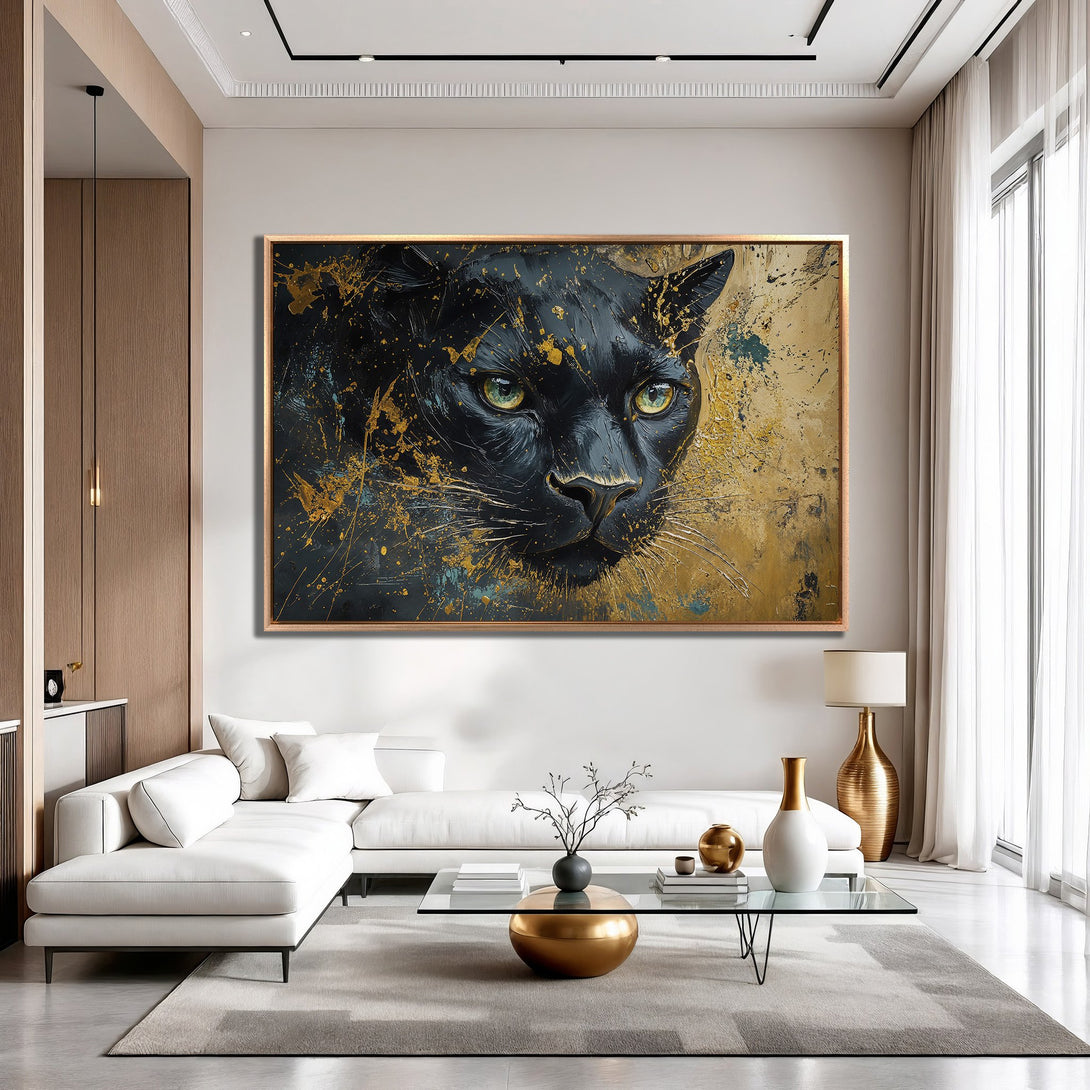 Framed Wall Art featuring a black panther with gold accents. Modern, abstract style in a black, gold, and teal color palette. Perfect for living room decor.