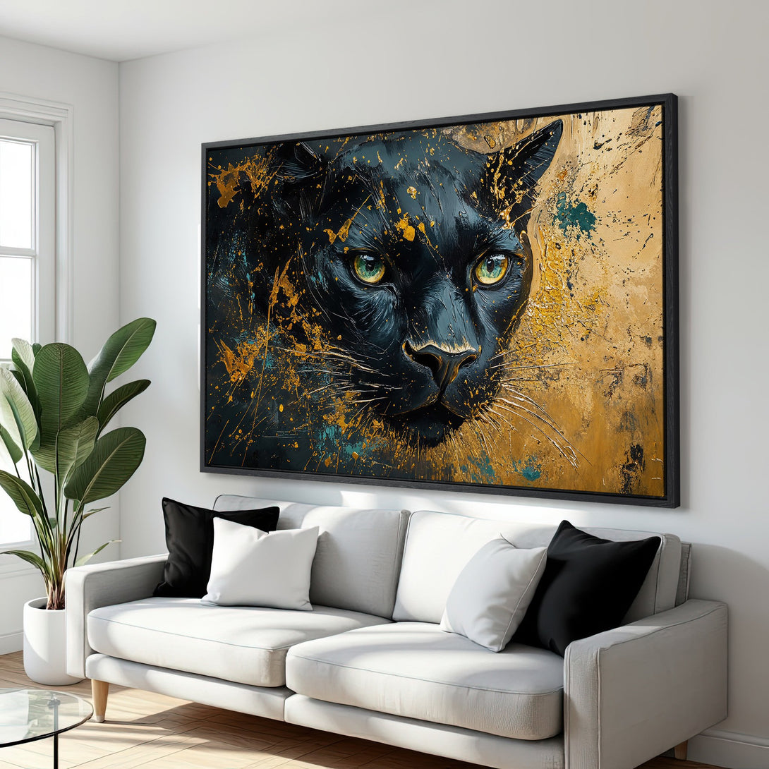 Framed Wall Art: Majestic black panther portrait in a modern, abstract style. Features a gold and black color palette, perfect for adding a bold statement.