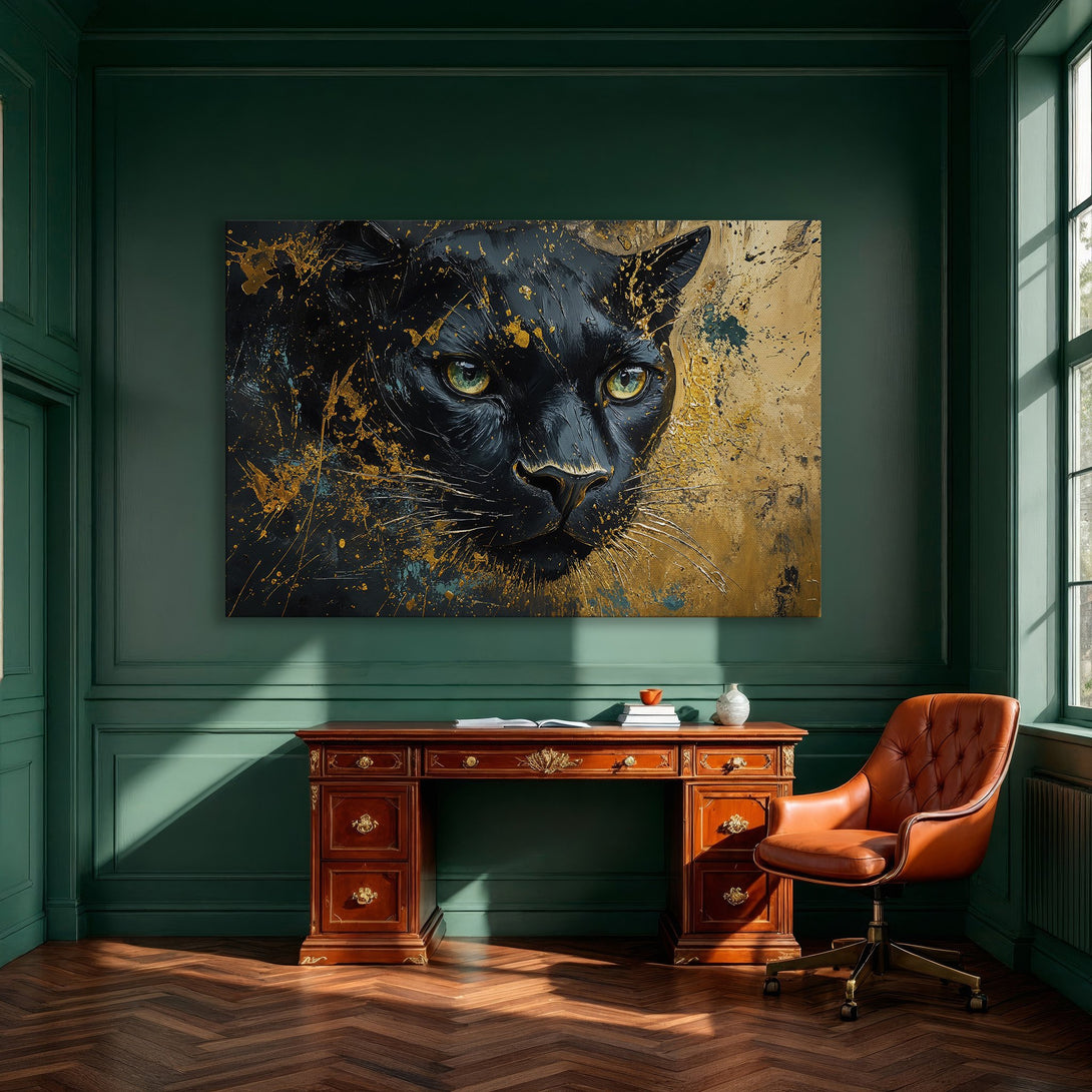 Framed Wall Art: Majestic black panther portrait with gold accents and teal splashes on a gold background. Adds luxury to any space.