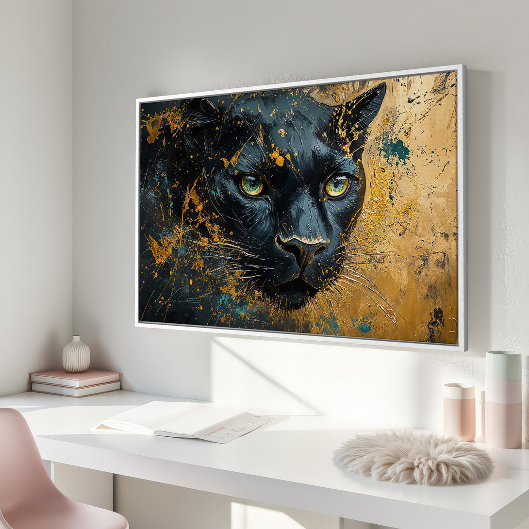 Framed Wall Art: Abstract black panther portrait with gold and teal accents. Modern canvas print adds a touch of wild elegance to any space.