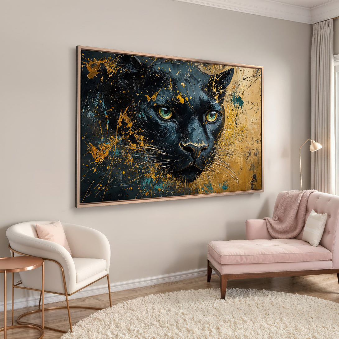Framed Wall Art: Abstract black panther painting with gold accents. Modern art canvas print in a luxurious interior with a gold and teal color palette.