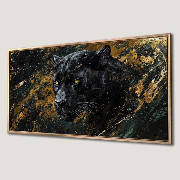 Framed Wall Art: Majestic black panther portrait with gold accents on a dark green and black background. Modern art for your home.