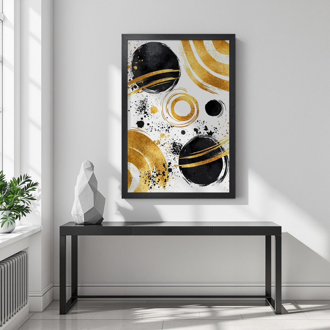 Framed Poster featuring abstract black & gold art. Modern style with a white background and gold accents, perfect wall decor.