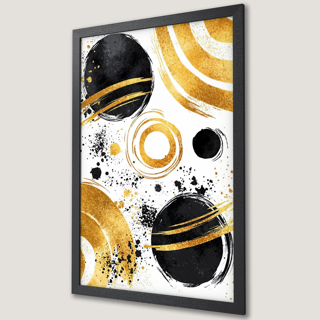 Framed Poster featuring abstract gold and black brushstrokes on white. Modern art print to elevate your space.