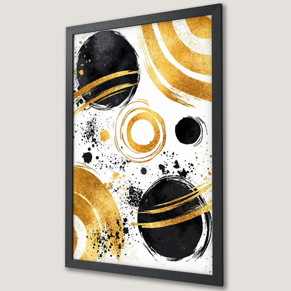 Framed Poster featuring abstract gold and black brushstrokes on white. Modern art print to elevate your space.