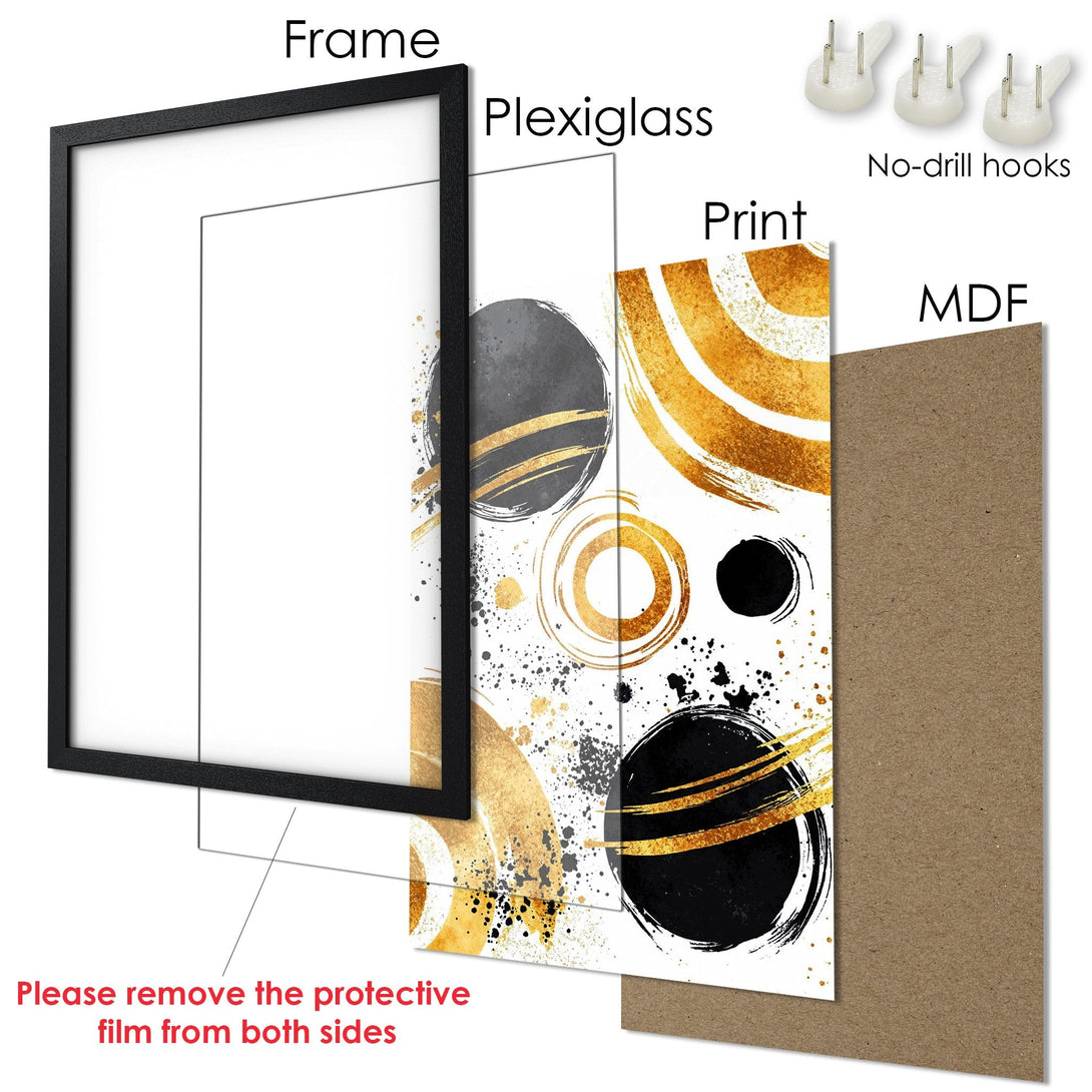 Framed Poster with abstract gold, black, and gray art. Modern wall decor for your home.